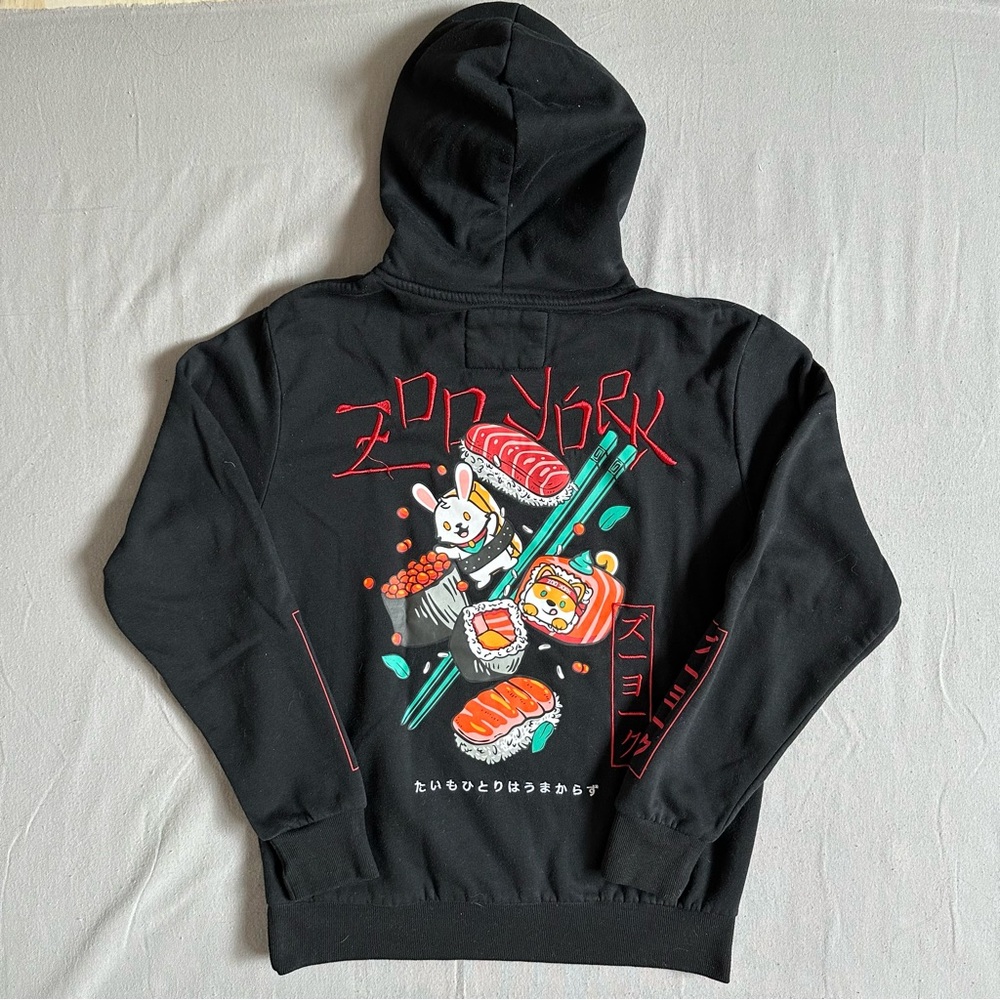 Zoo York Hoodie Anime Japanese Sushi Graphic Back Print Black Size S